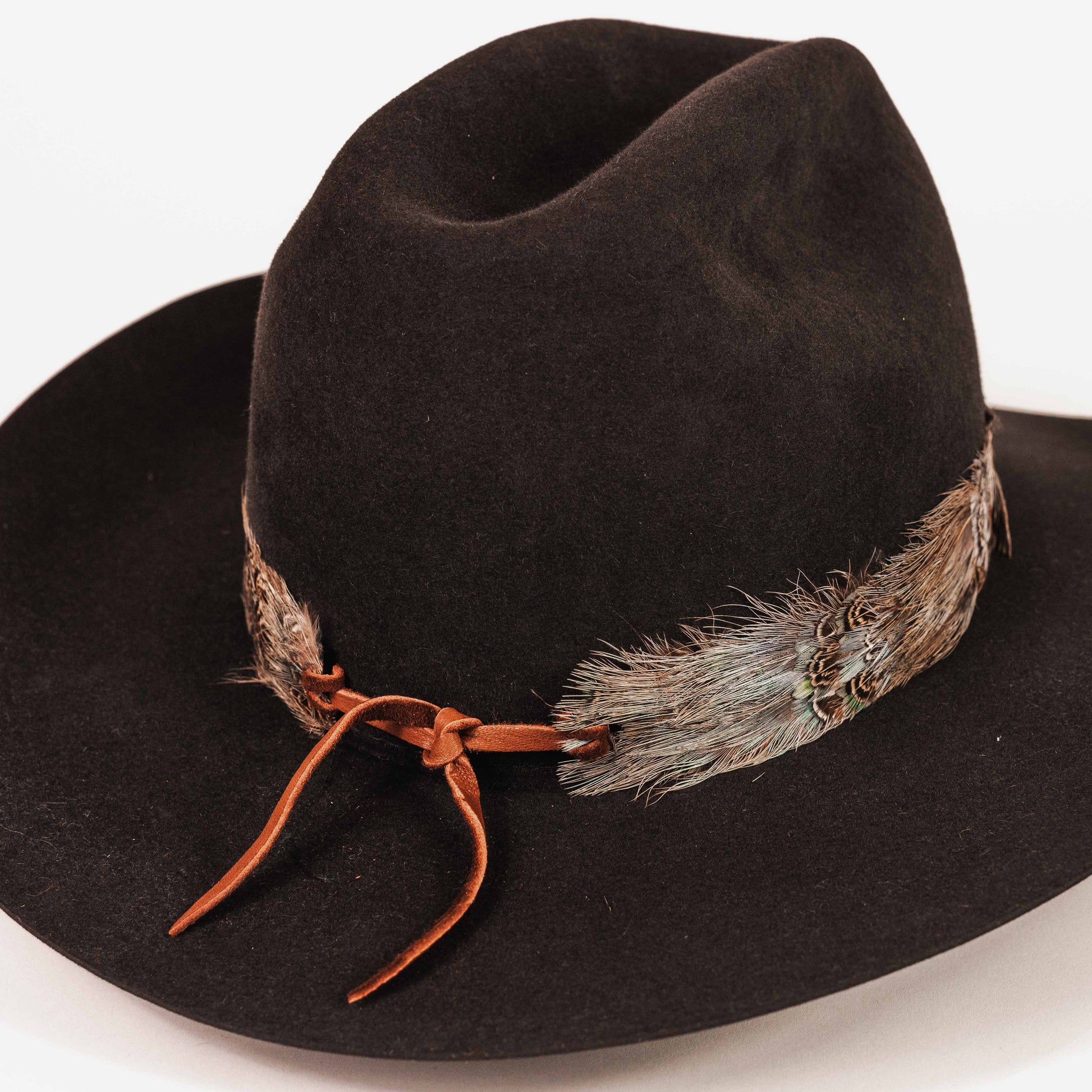 A black felt cowboy hat with a brown leather tie and a feathered band in brown, gray, and blue tones, shown on a plain white background.