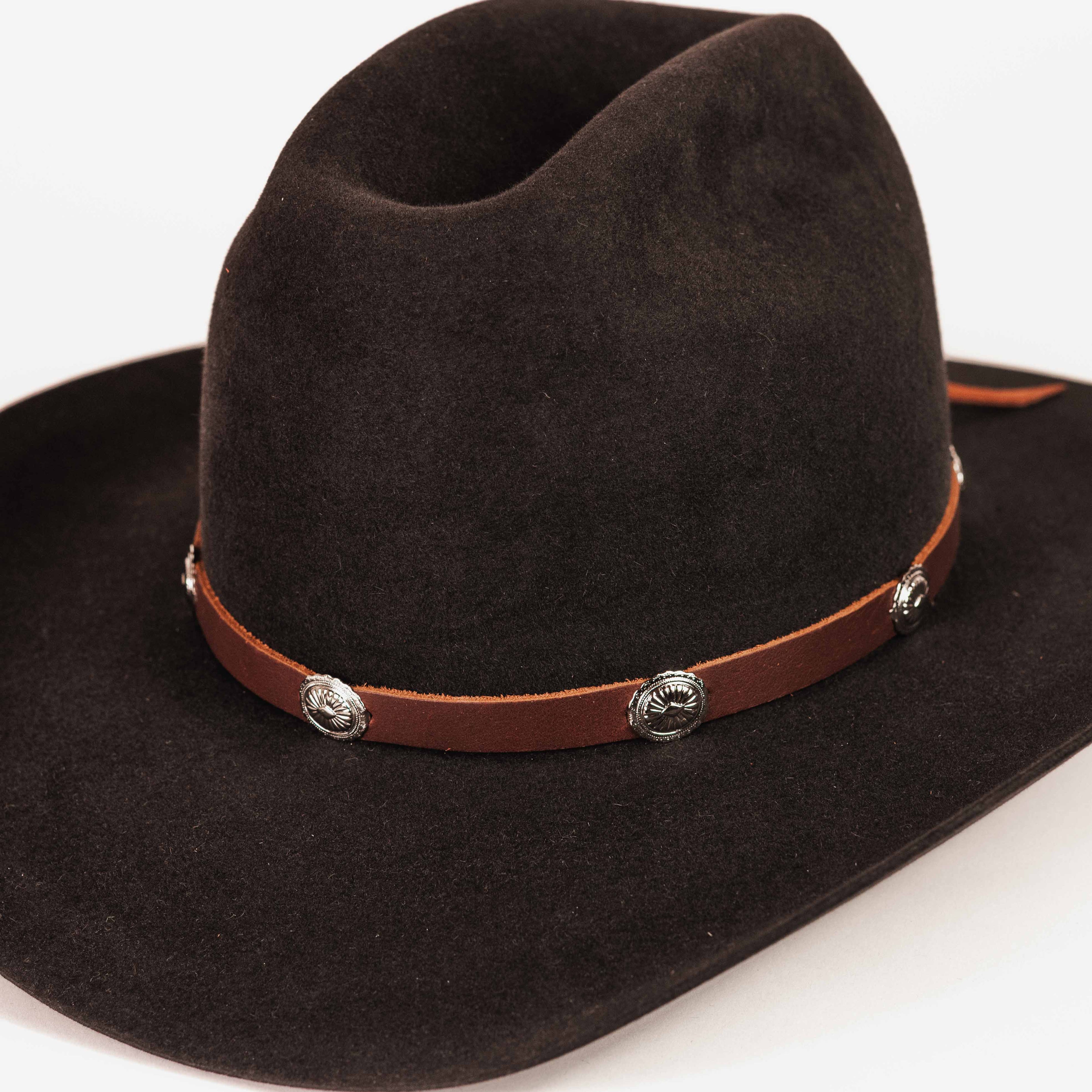 A dark brown felt cowboy hat with a brown leather band and silver conchos, shown on a clean white background.