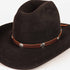 A dark brown felt cowboy hat with a brown leather band and silver conchos, shown on a clean white background.