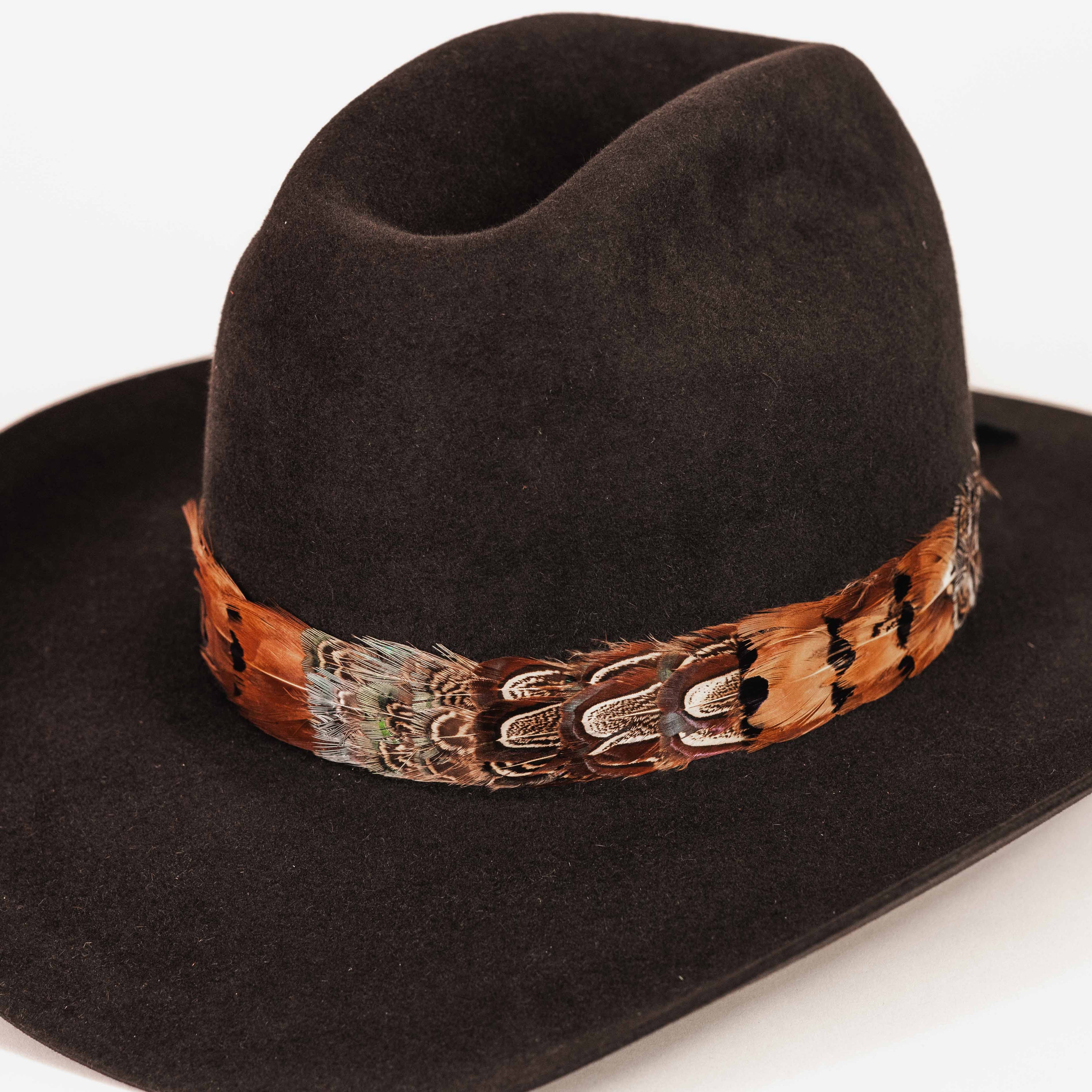 A black felt cowboy hat featuring a decorative band adorned with brown, orange, and gray feathers, set against a plain white background.